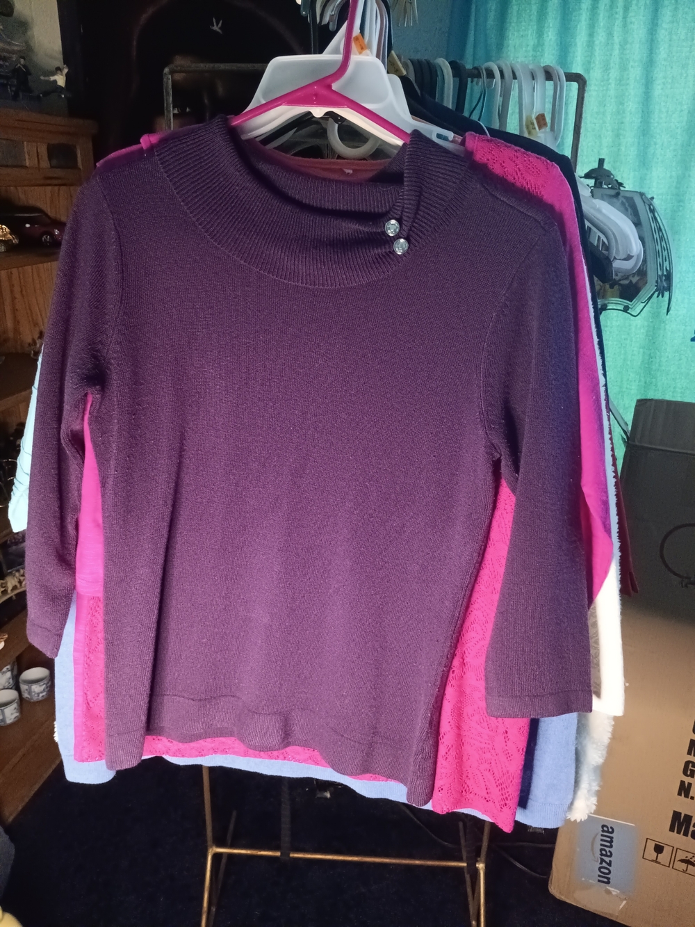 Laura Scott Deep Purple Crewneck Sweater with Button Accent